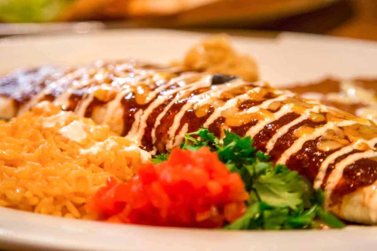 burrito smothered in sauce with beans, rice, and salad